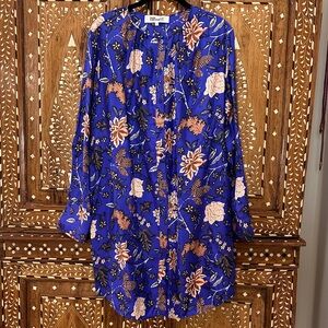 Diane Von Furstenberg Silk Electric Blue Floral Blouse